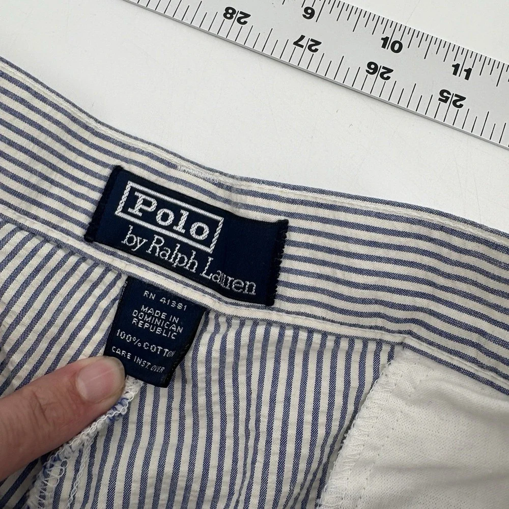 Polo Ralph Lauren Men 33 White‎ Blue Seersucker Shorts Striped Pleated Golf